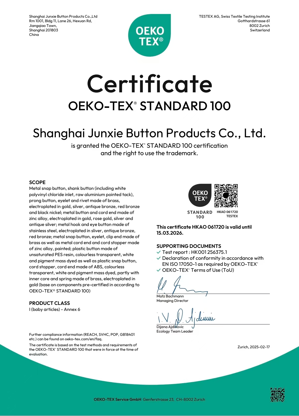 OEKO-TEX® Standard 100 Certification